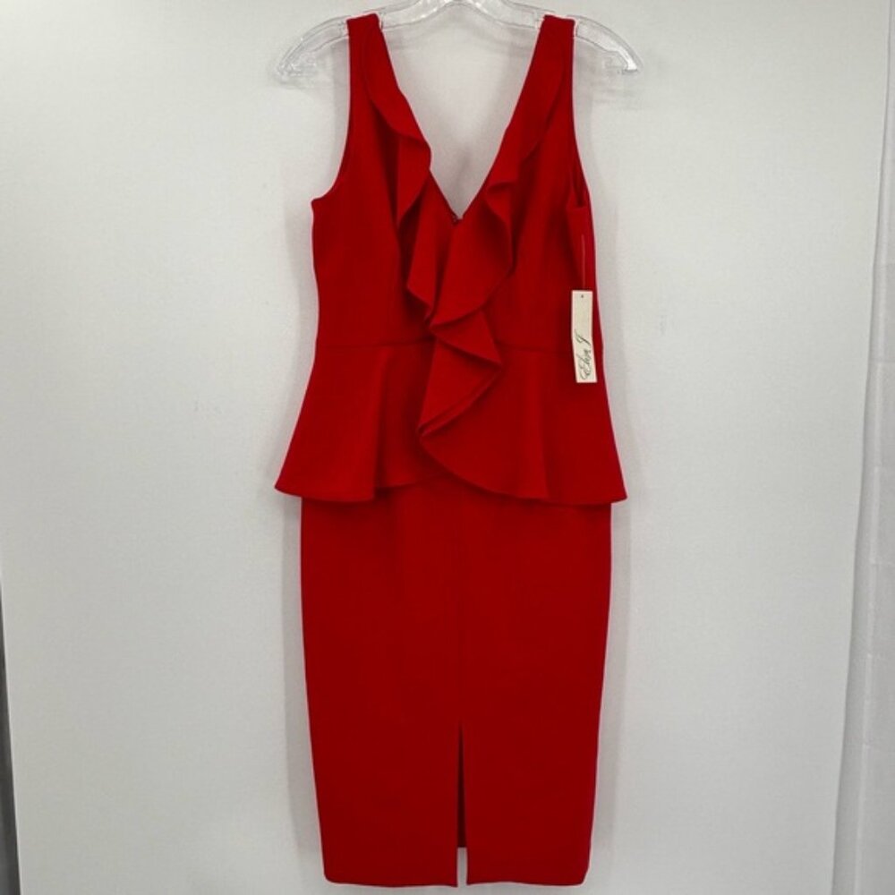 Eliza J Women s VNeck Ruffle Midi Sheath Dress Red Size 6 - Picture 2 of 10